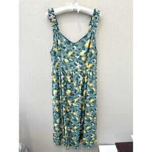 DIP | Green Lemon Print Linen Blend Dress with Ruffle Straps | Size Large